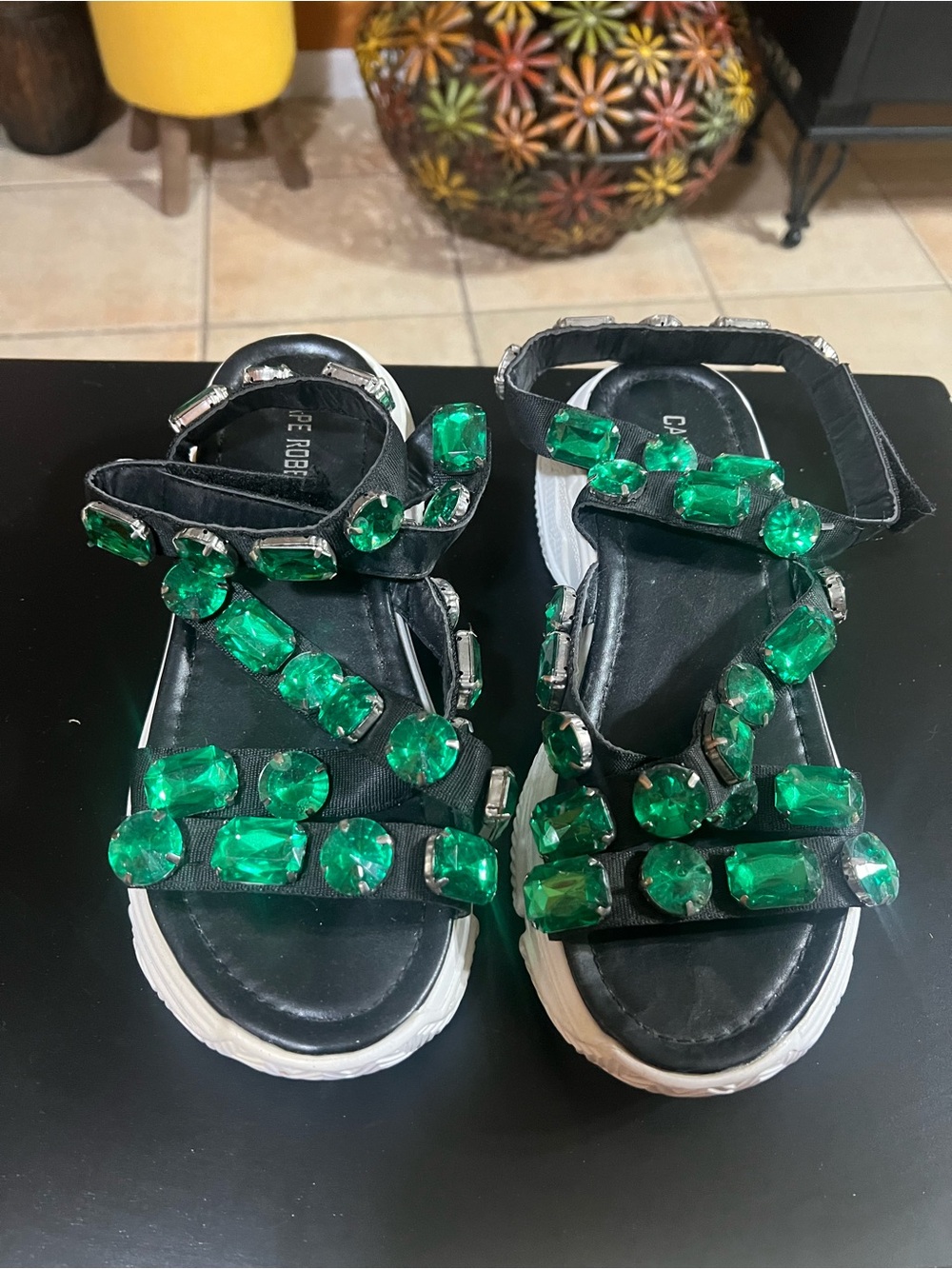 Cape Robbin Black Sandals with Emerald Green Gem Accents
